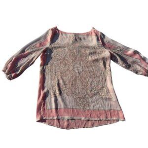 New York & Company Womens Boho Pink & Gray Paisley Print 3/4 Sleeve Blouse Top M